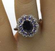 14kt White gold oval sapphire, Tanzanite and diamond filigree ring