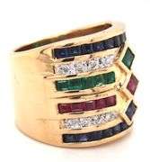 14kt Yellow gold sapphire, Ruby, emerald and diamond channel set wide band
