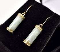 Superb 10K Yellow Gold Green Jade Dangle Earrings