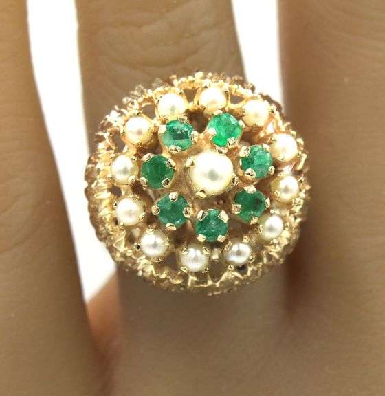 14kt Yellow gold Emerald and pearl seed cluster ring