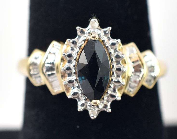 Precious 10K Yellow Gold Blue Sapphire Gemstone and Diamond Ring