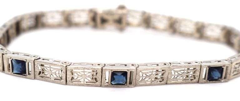 Antique 10kt White gold punch work filagree bracelet with sapphires