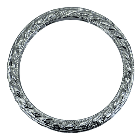 14K White Gold Engraved Band with Natural French Cut Sapphires – Classic Elegance