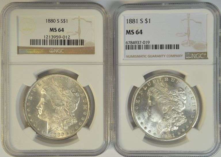 Nearly Gem BU 1880-S & 1881-S Morgan Silver Dollars in NGC MS64