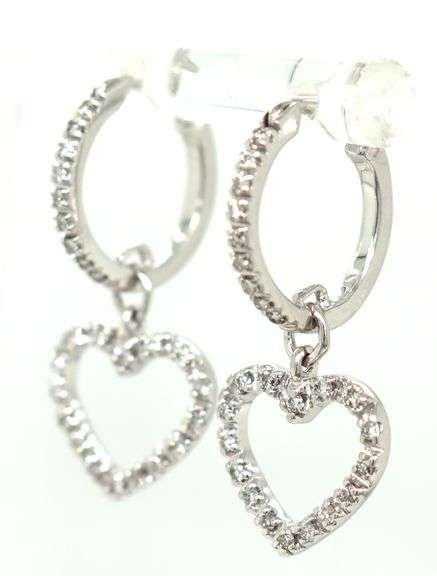 14kt White gold heart diamond accent dangle earrings