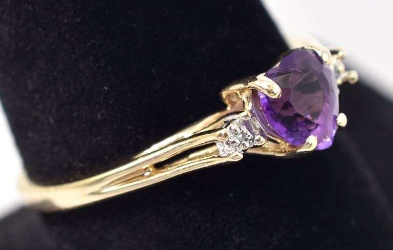 Loveable 10K Yellow Gold Amethyst Gemstone and Diamond Ring