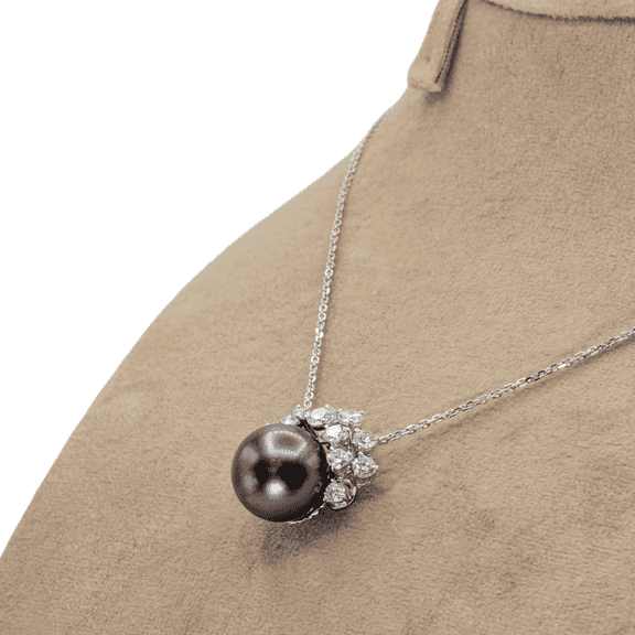 18k (750) White Gold Black Tahitian Pearl Natural Diamond Necklace