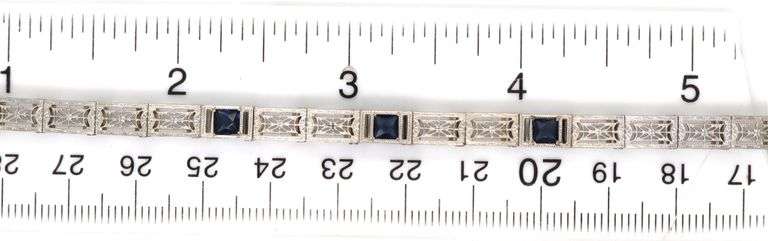 Antique 10kt White gold punch work filagree bracelet with sapphires