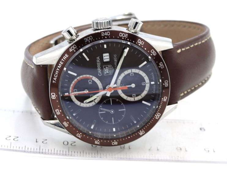 Tag Heuer Carrera chronograph 41mm automatic brown dial and bezel on leather strap watch
