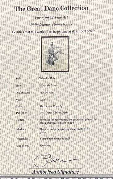 Highly Collectible Salvador Dali Original Copper Engraving Circa 1965