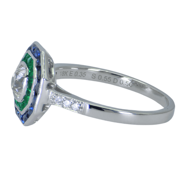 18K (750) White Gold Cushion Shape Natural Diamond Sapphire Emerald: Ring