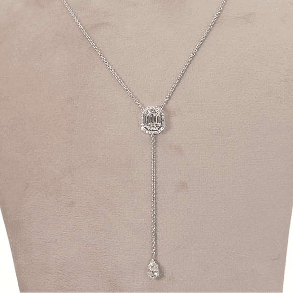 18k White Gold Natural Diamond Illusion Emerald Pendant with Chain