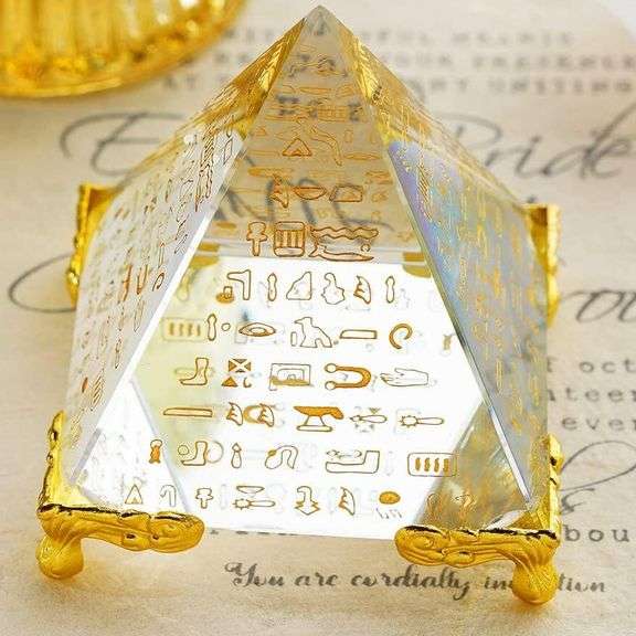 Crystal Pyramid with Egyptian Symbols Paperweight