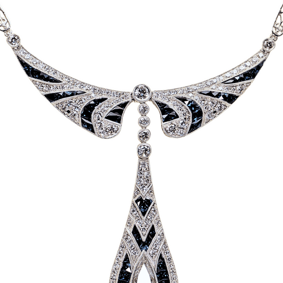 Platinum 950 Necklace with 3.23 Ct Natural Diamonds (F-G, VVS-VS) & French Cut Blue Sapphires – 160 Stunning Gems