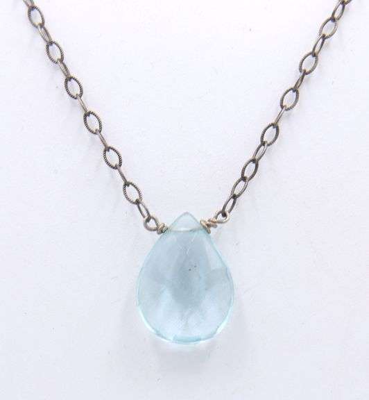 925 Sterling silver blue glass pear shaped pendant on chain necklace