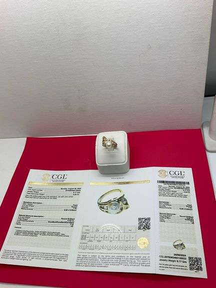 CERTIFIED 14K YELLOW GOLD DIAMOND AND PEARL RING
