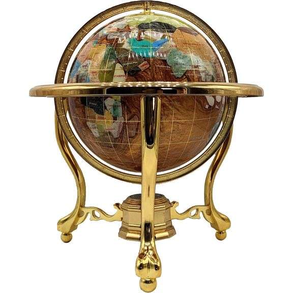 Handmade Amber & Pearl World Map Gemstone Globe with Gold Stand