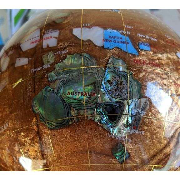 Handmade Amber & Pearl World Map Gemstone Globe with Gold Stand