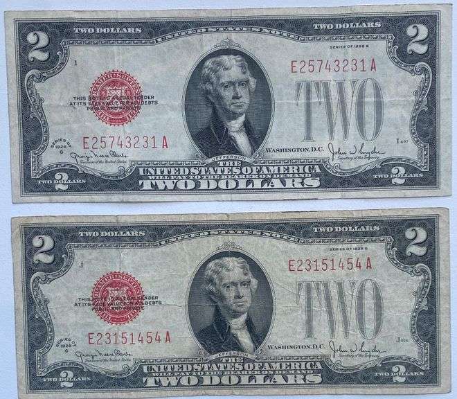 2 1928  G Series $2 Red Seal US Notes