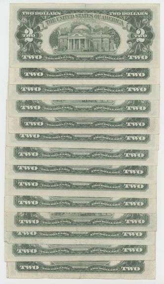 14 Mostly Crisp Uncirculated mixed 1953 & 1963 Series $2 Red Seal Notes