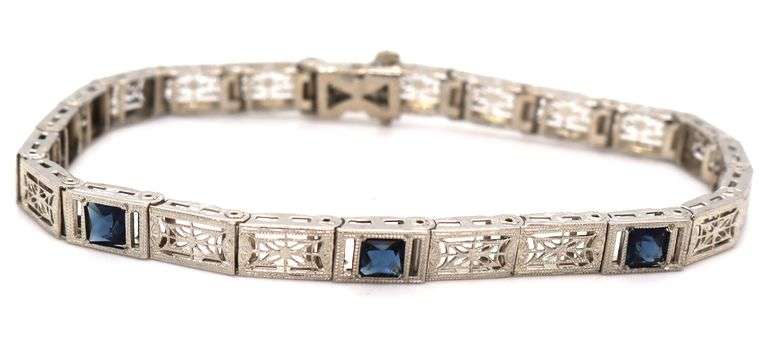 Antique 10kt White gold punch work filagree bracelet with sapphires