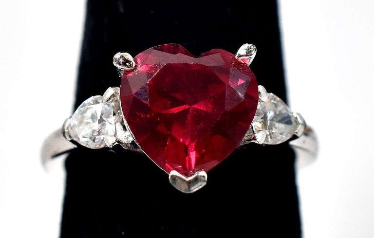 Red and White CZ Gemstone Ring in Sterling Silver