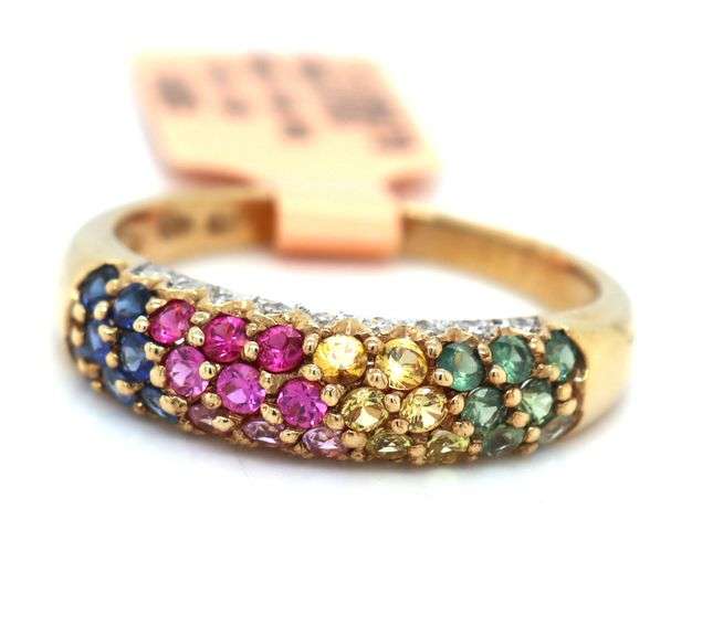 10kt Yellow gold multi sapphire with diamond band