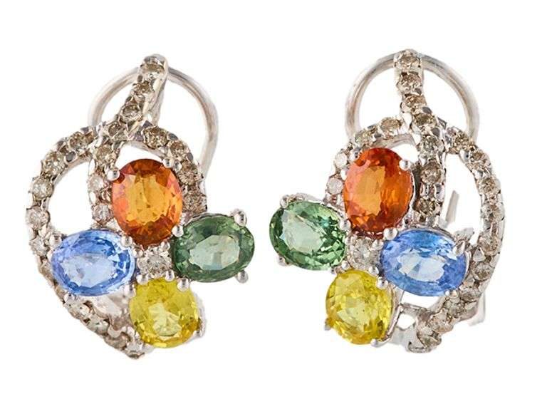 Multi Colored Sapphire and 0.30ctw Diamond J Hoop Earrings in 14K