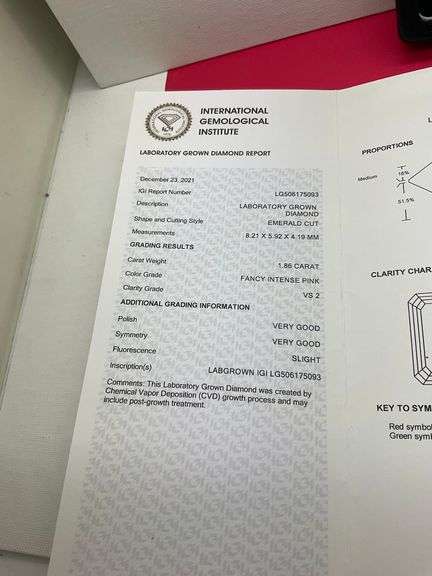 I.G.I CERTIFIED 1.86 CARAT FANCY INTENSE PINK EMERALD CUT LAB GROWN DIAMOND
