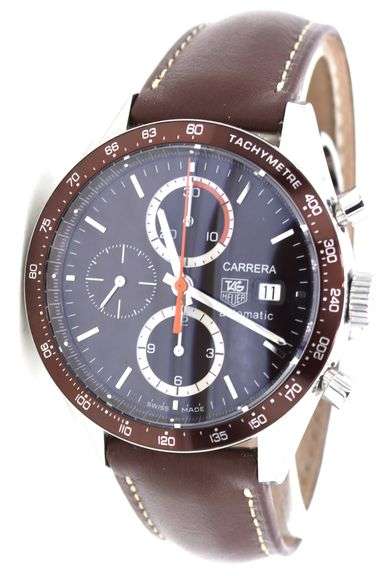 Tag Heuer Carrera chronograph 41mm automatic brown dial and bezel on leather strap watch