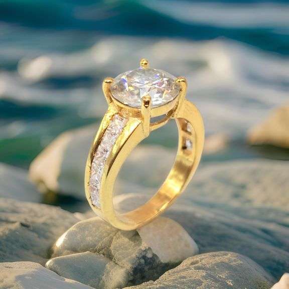 14 K Yellow Gold Plated Huge 4.5 Ct Lab Simulated Diamond Ring