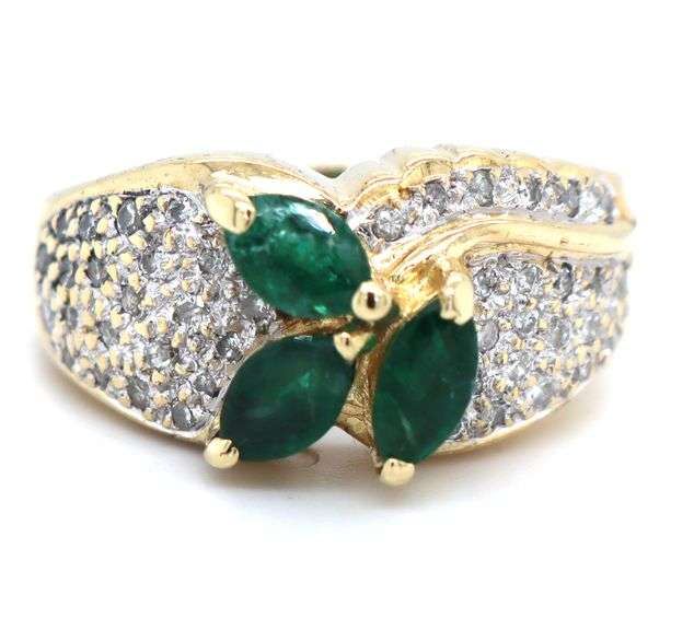 14kt Yellow gold marquise emerald and pave diamond ring