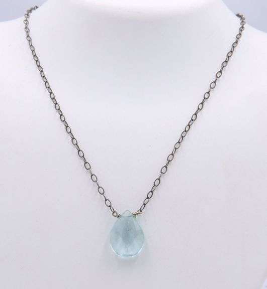 925 Sterling silver blue glass pear shaped pendant on chain necklace