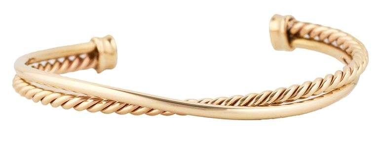 Cable Crossover Bar Cuff Bracelet in 14K