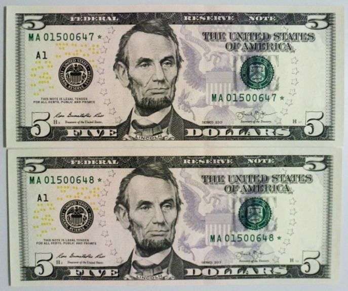 (2) Superb Crisp 2013 $5 Star Replacement Notes Boston Consecutive!