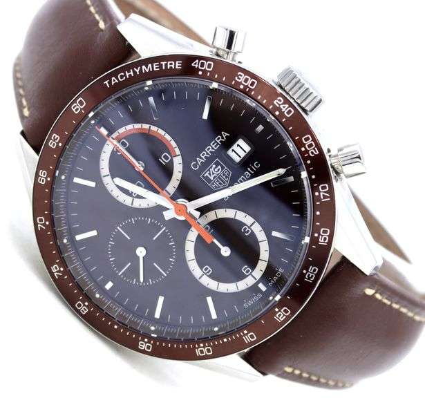 Tag Heuer Carrera chronograph 41mm automatic brown dial and bezel on leather strap watch