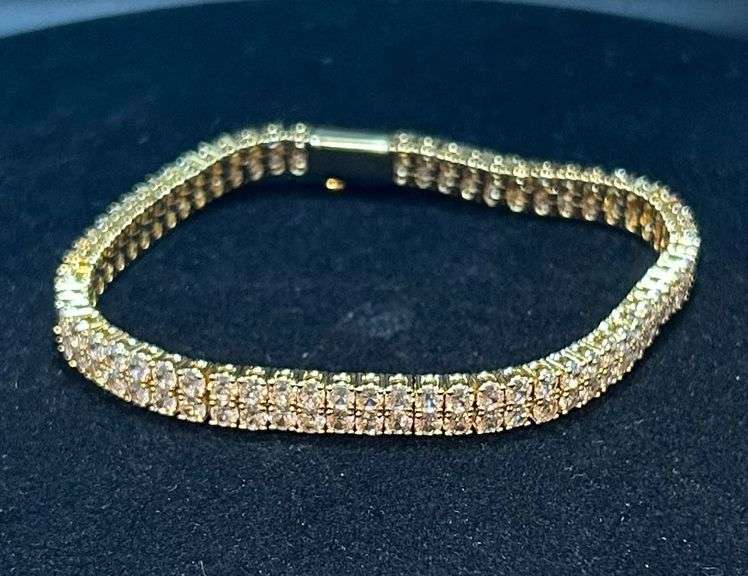 18 Kt Yellow Gold Plate Huge 48.5 Ctw 2 Row Simulated Diamond Tennis Bracelet
