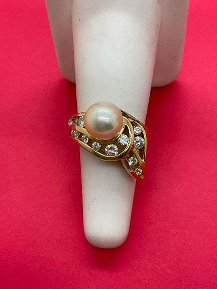 CERTIFIED 14K YELLOW GOLD DIAMOND AND PEARL RING