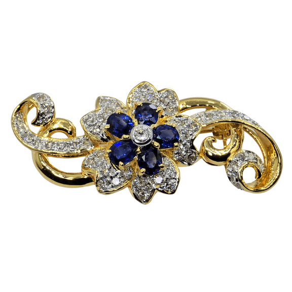 18k (750) Yellow Gold Natural White VVS Diamond & Blue Sapphire Brooch