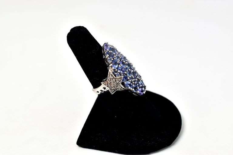 Blue Sapphire and CZ Gemstone Cluster Ring in Sterling Silver
