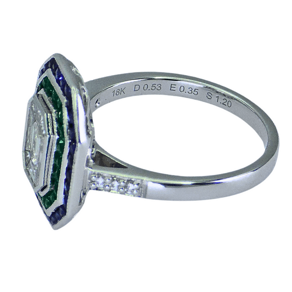 18K (750) Illusion Emerald Shape Natural Round VVS Diamond Sapphire Emerald Ring