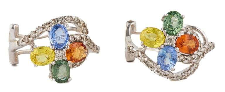 Multi Colored Sapphire and 0.30ctw Diamond J Hoop Earrings in 14K