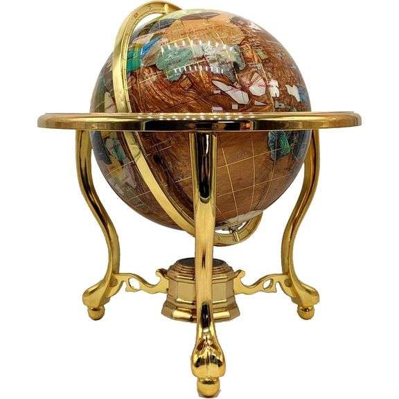 Handmade Amber & Pearl World Map Gemstone Globe with Gold Stand