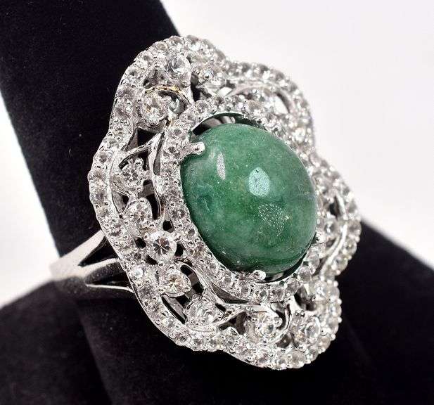 Mesmerizing 7.75CTS Cabochon-Cut Natural Emerald & 2.35CTW White Sapphire Ring in Sterling Silver