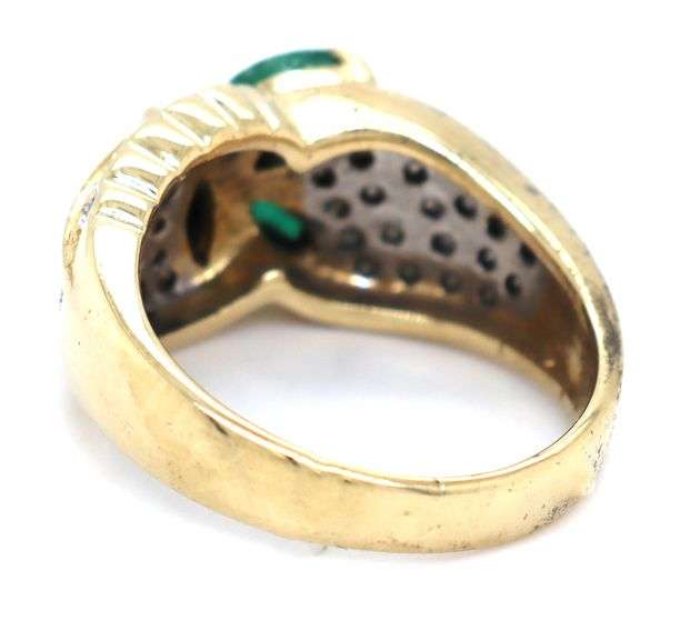 14kt Yellow gold marquise emerald and pave diamond ring