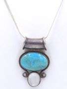 Vintage 925 sterling silver signed Turquoise pendant on herringbone chain necklace