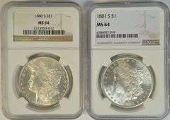 Nearly Gem BU 1880-S & 1881-S Morgan Silver Dollars in NGC MS64