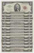 14 Mostly Crisp Uncirculated mixed 1953 & 1963 Series $2 Red Seal Notes