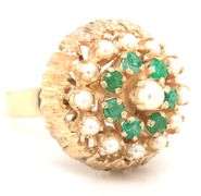 14kt Yellow gold Emerald and pearl seed cluster ring