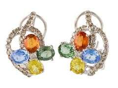 Multi Colored Sapphire and 0.30ctw Diamond J Hoop Earrings in 14K